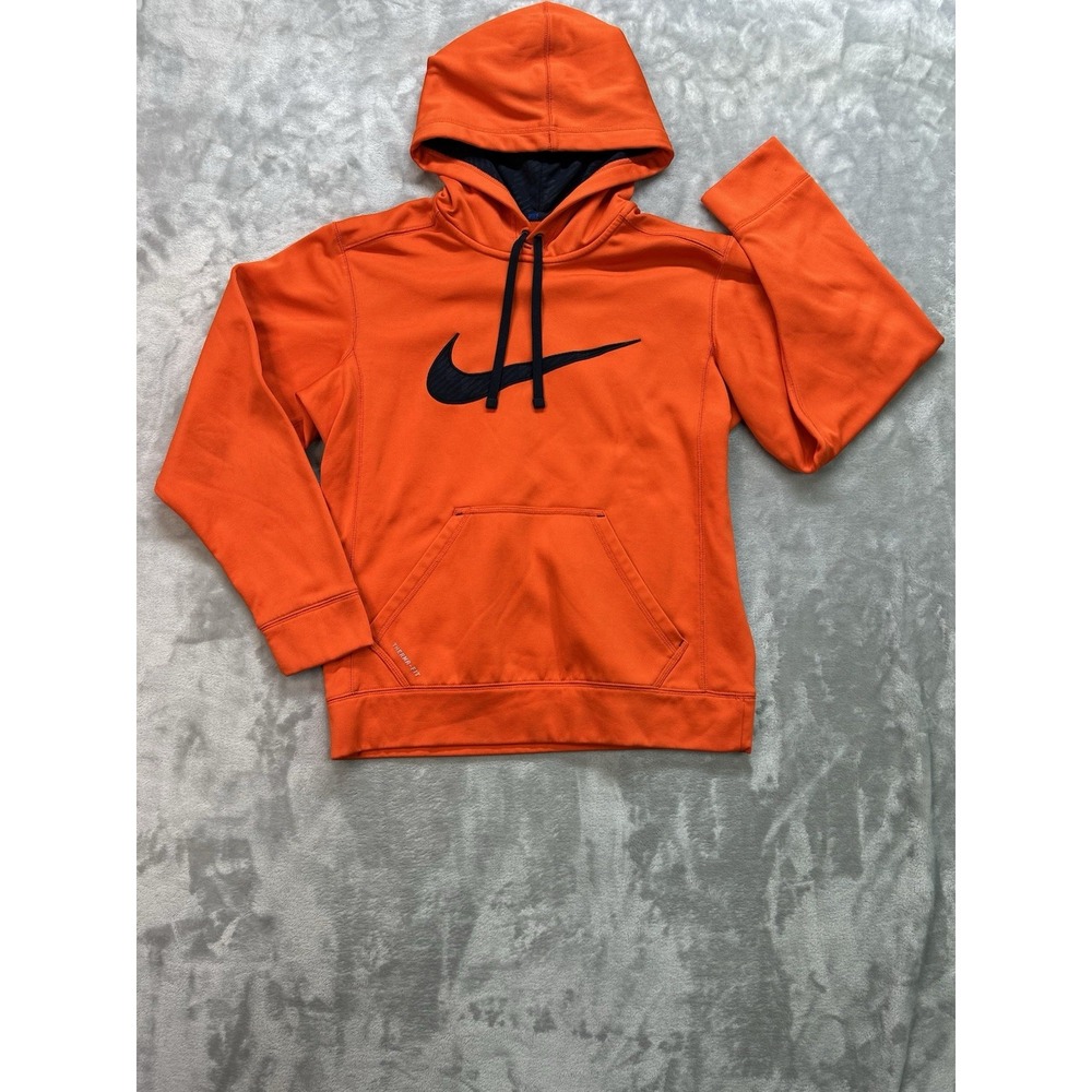 Nike Therma-Fit Hoodie Mens Small Orange Pullover Sweatshirt Center Swoosh Logo